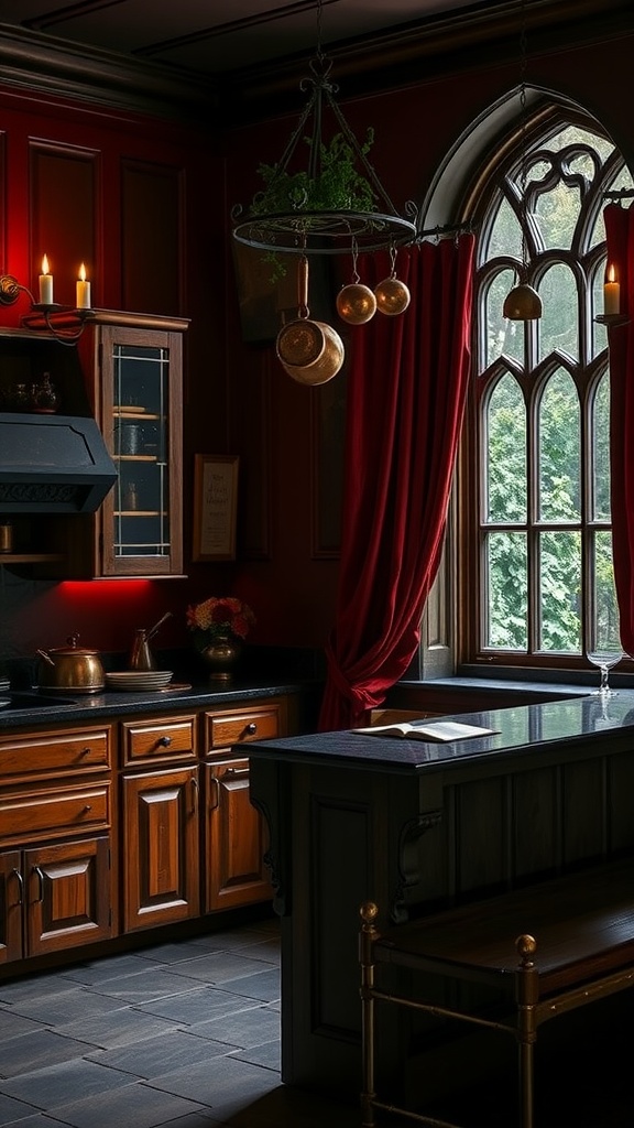 Gothic style kitchen with dark wood cabinets, red walls, and a cozy atmosphere