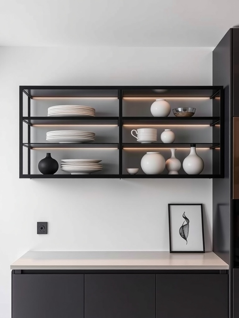 Modern open kitchen shelves with white dishware and decorative items in a sleek black frame