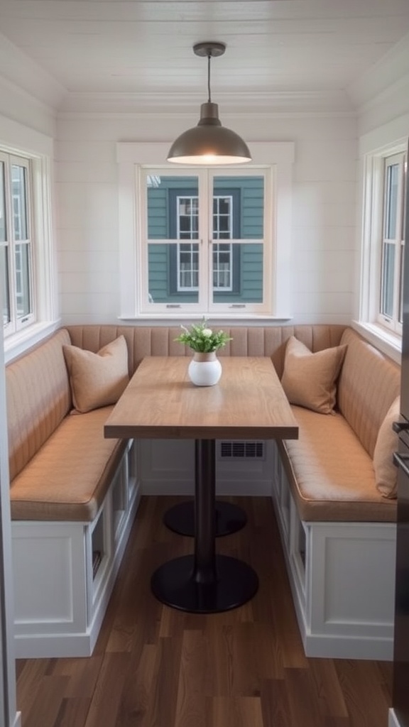 A small U-shaped kitchen nook with comfortable seating and a round table, illuminated by a pendant light.