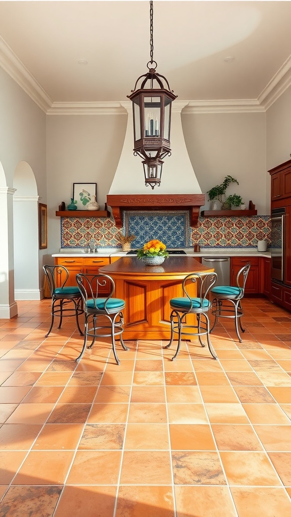 Spanish-style kitchen featuring terracotta tiles, arches, and a central island with a light fixture.