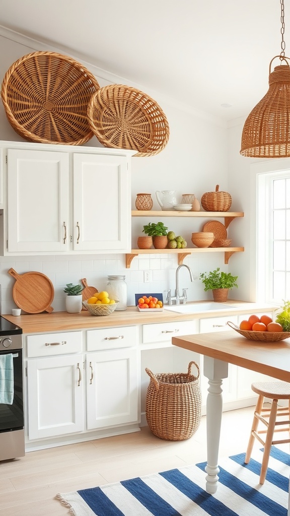 Coastal kitchen featuring woven basket decor, white cabinets, wooden countertops, and colorful fruits.