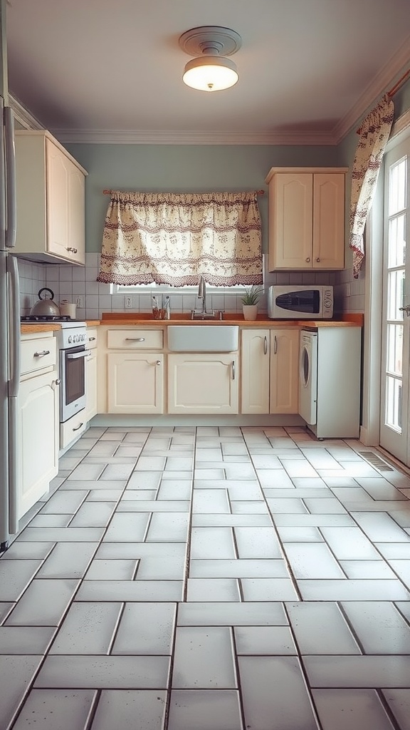 A kitchen with a subway tile floor pattern, featuring light-colored cabinets, bright natural light, and a clean, charming design.