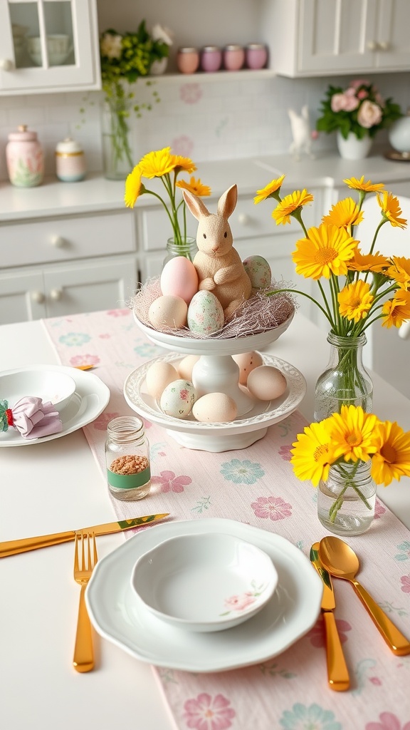 Easter-themed kitchen table with bunny decoration, colorful eggs, and yellow flowers