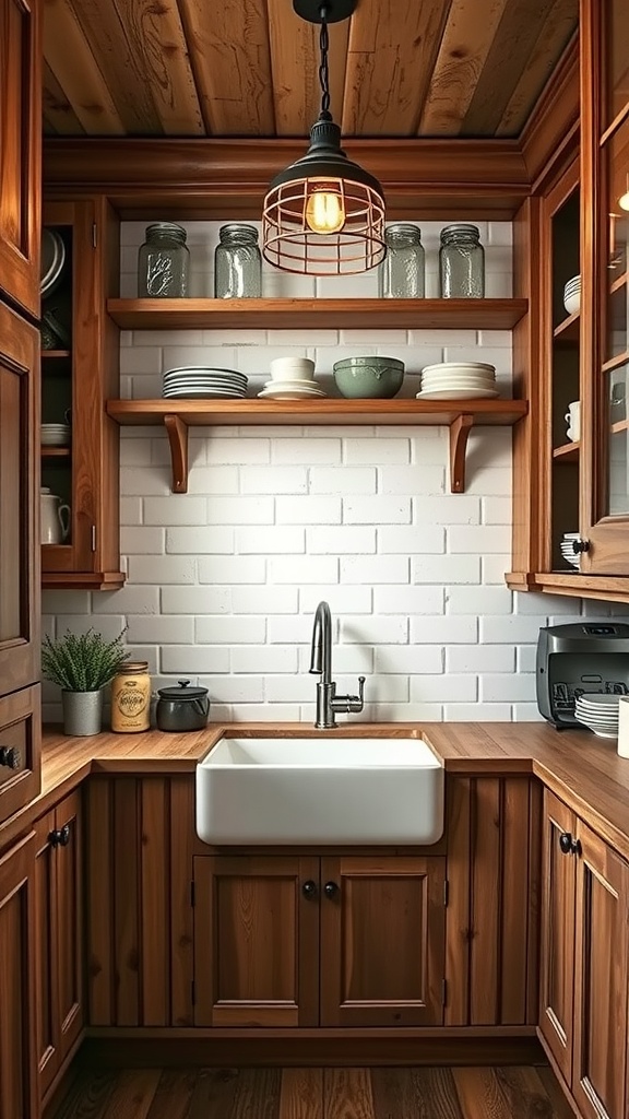 A rustic farmhouse style butler's pantry with wooden cabinetry, a farmhouse sink, open shelves, and a white brick wall.