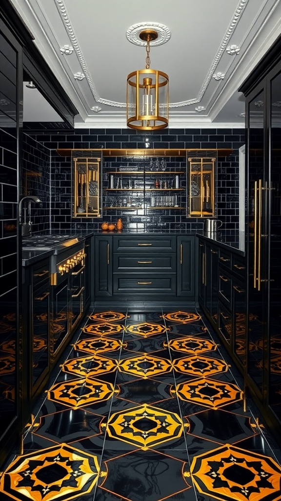 A dramatic kitchen featuring black cabinetry and gold-accented patterned tiles on the floor.