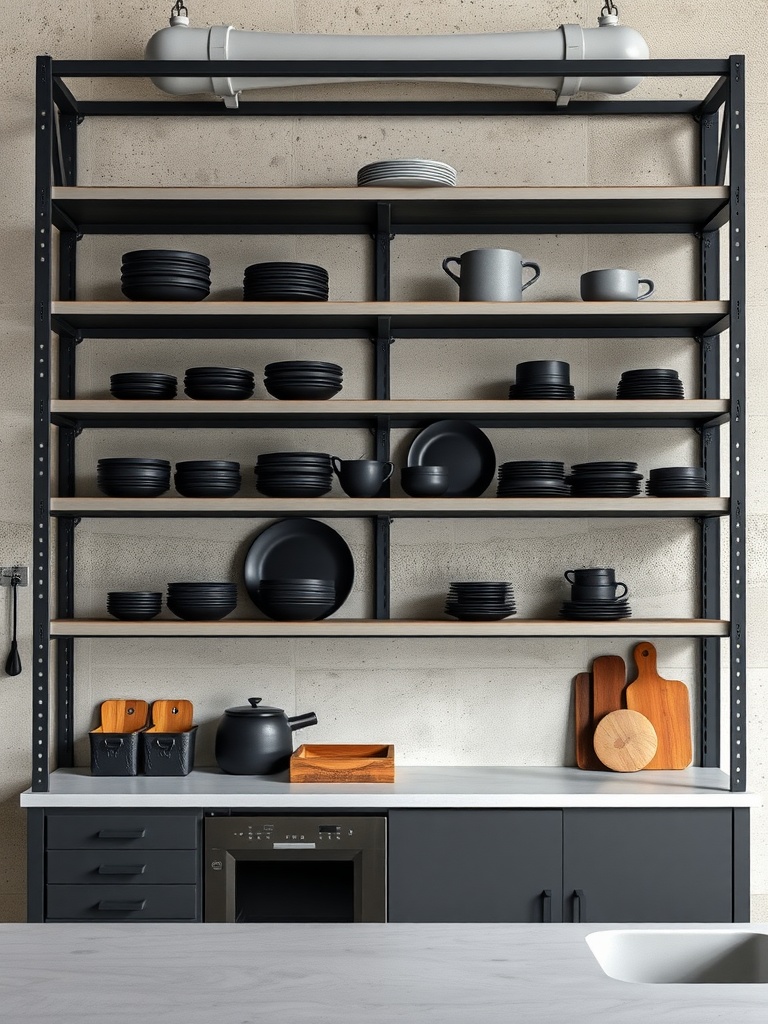 Open kitchen shelves with black plates, gray mugs, and wooden kitchen accessories