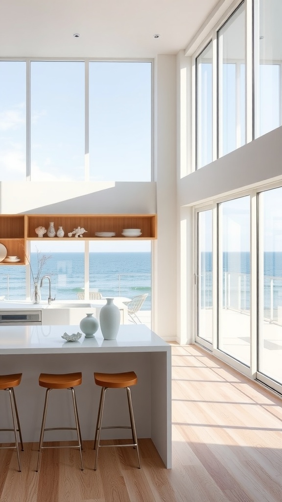 A modern coastal kitchen with floor-to-ceiling windows showcasing oceanfront views, featuring white countertops and wooden accents.