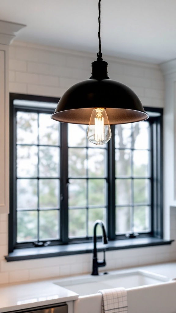 A modern black pendant light hanging over a sink in a kitchen