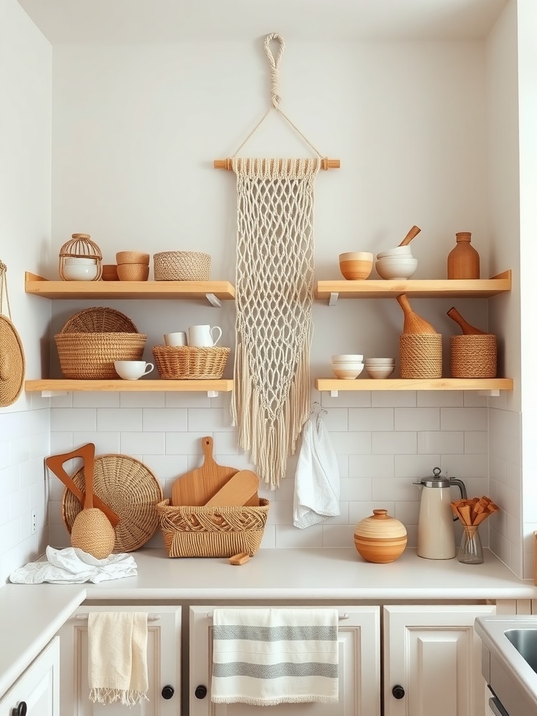 Open kitchen shelves with woven baskets, wooden utensils, and macramé hanging decor