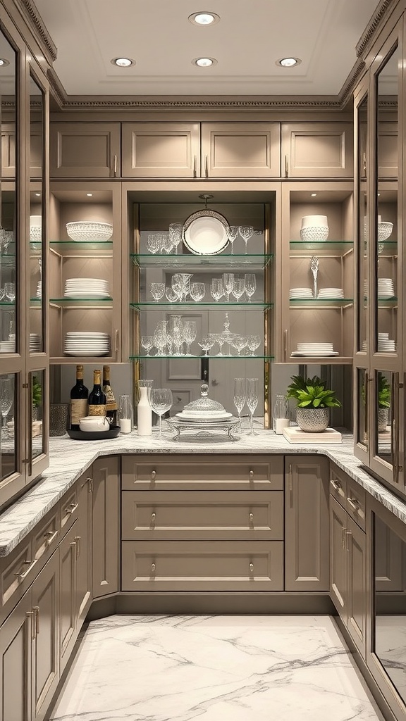 Elegant butler's pantry with glassware, marble countertop, and beige cabinetry