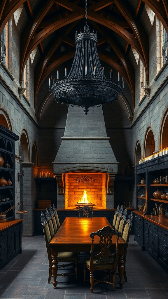 A gothic-style kitchen featuring vaulted ceilings, a black chandelier, a grand wooden table, and a cozy fireplace.