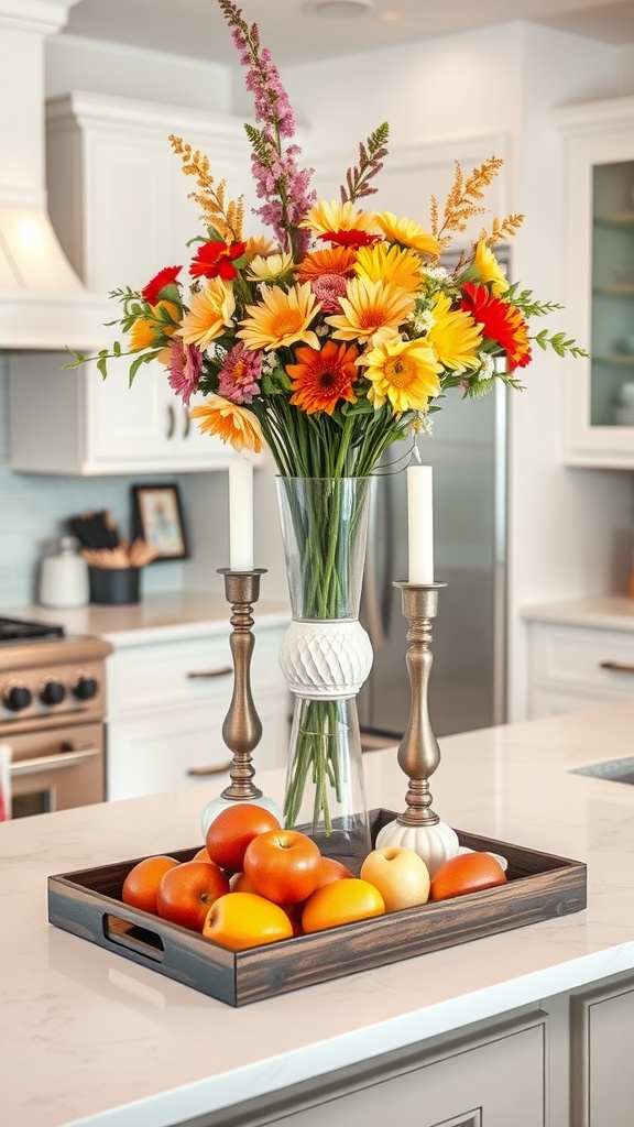 Colorful flower arrangement, candlesticks, and a wooden tray with fruit on a kitchen island