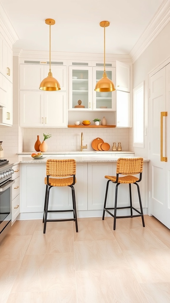 Light and neutral kitchen featuring soft beige tiles, white cabinetry, and golden light fixtures.