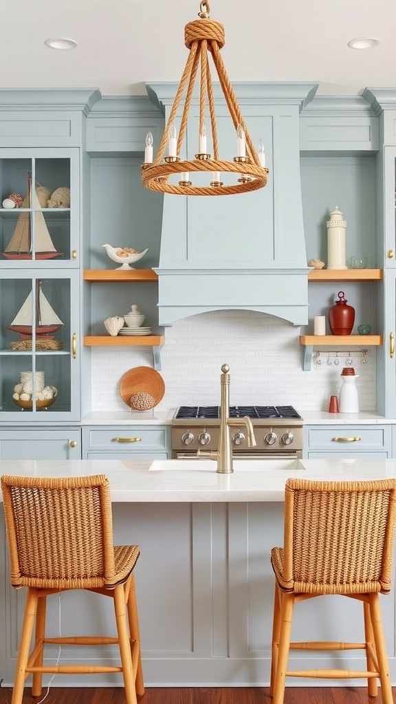 Stylish coastal kitchen with a rope chandelier, blue cabinetry, and woven bar stools.