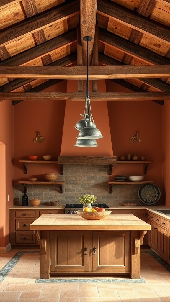 A warm terracotta kitchen featuring wooden ceiling beams, a large wooden island, and open shelving with pottery.