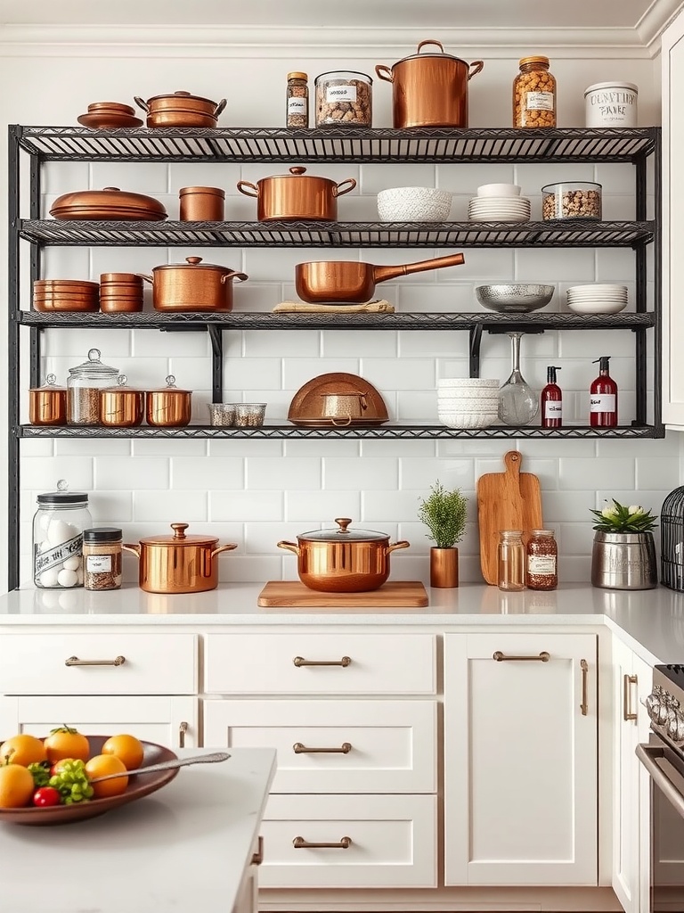 Open kitchen shelves featuring copper cookware and a mix of industrial and classic design elements.