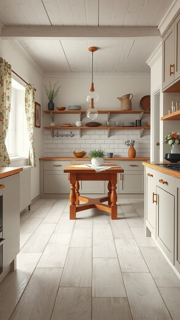 A charming country kitchen featuring tumbled porcelain tiles, wooden accents, and bright natural lighting.