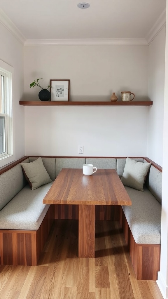 L-shaped kitchen nook with wooden seating, table, and extra storage, featuring neutral colors and decorative shelf