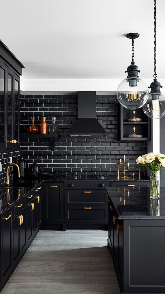 Modern Gothic kitchen with black finishes, brass hardware, and stylish pendant lights