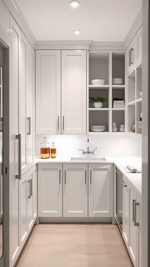 A modern minimalist butler's pantry with white cabinets, open shelving, and a clean design.