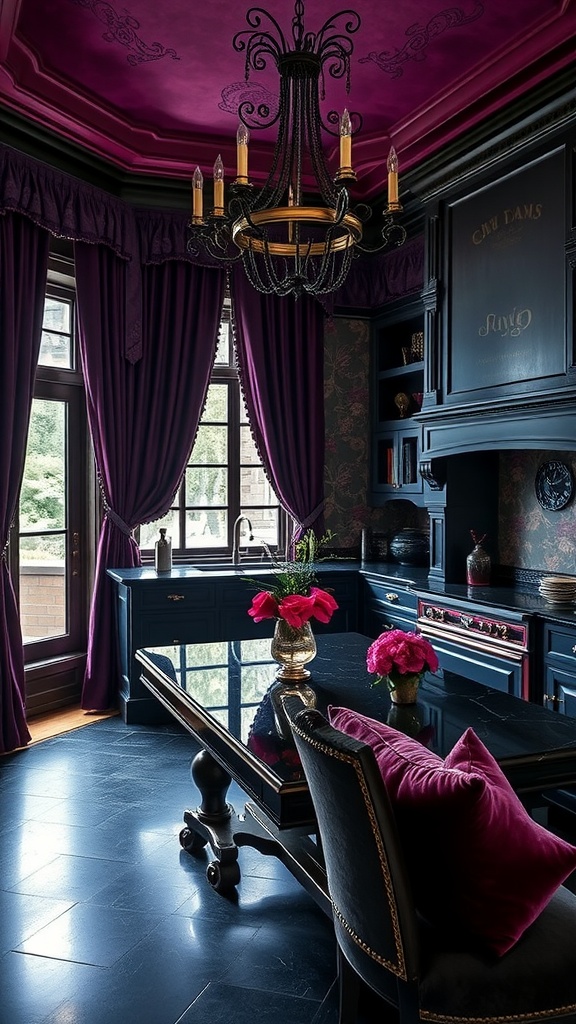 A dark kitchen with a burgundy velvet sofa, ornate chandelier, and dark wood accents, creating a mysterious atmosphere.