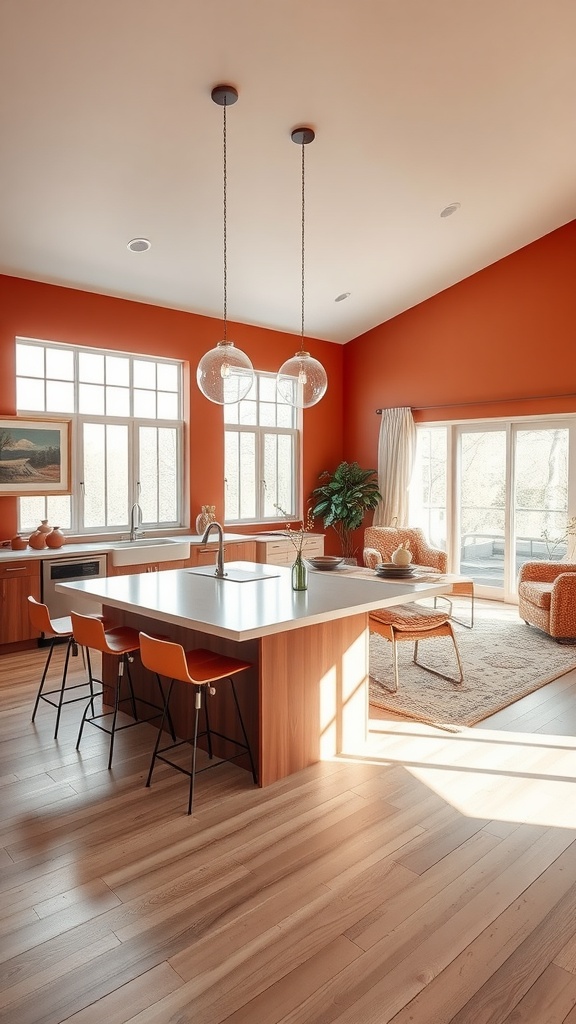 Open concept kitchen and living room with terracotta walls and modern furniture.