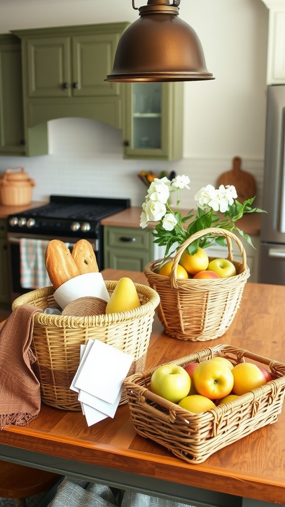 A rustic chic kitchen island decorated with woven baskets filled with bread and apples, alongside a vase of flowers.