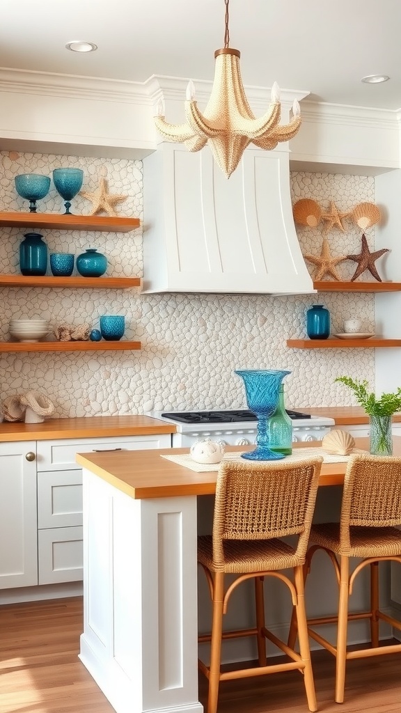 A coastal kitchen with a seashell backsplash, blue glassware, and rattan bar stools.