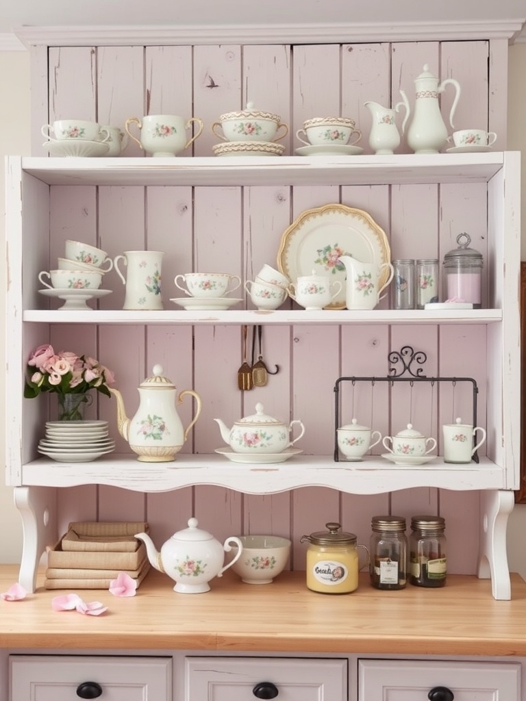 Open kitchen shelves decorated with floral porcelain teapots and cups, set against a light pink background.