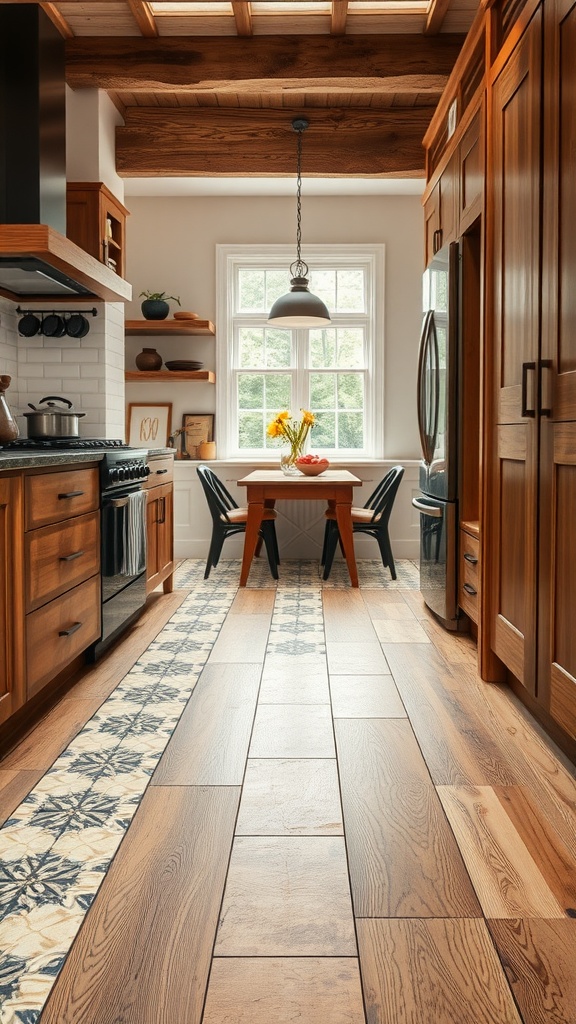 A kitchen with a two-tone floor featuring wood and decorative tile, creating a warm and inviting atmosphere.