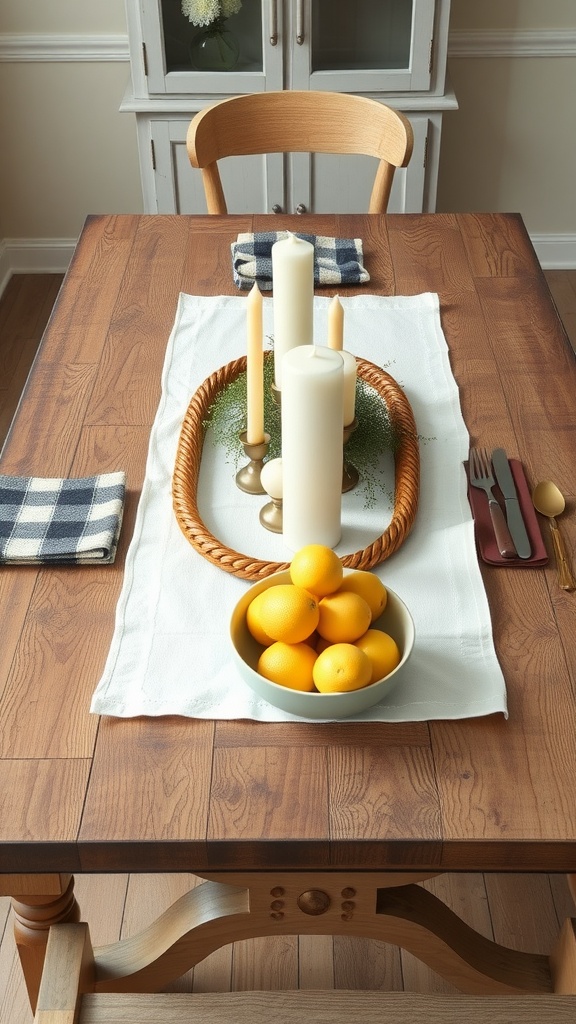 Wooden table with a centerpiece featuring candles, greenery, and a bowl of lemons