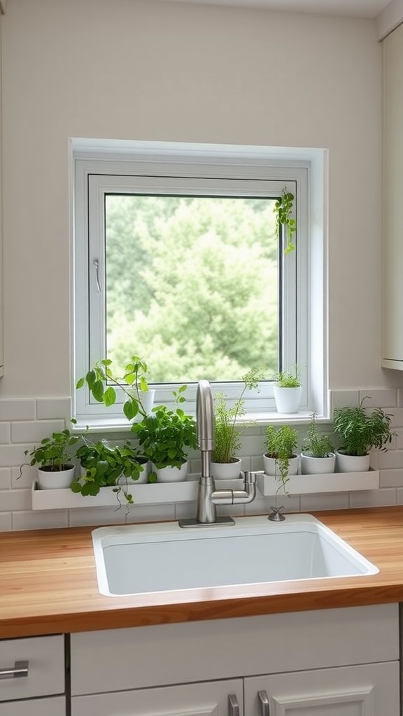 A kitchen window above the sink with a built-in herb planter featuring various green herbs in white pots.