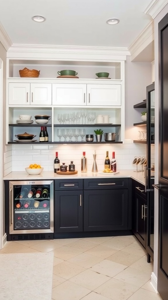 A well-designed butler's pantry with wine cooler, elegant glassware, and stylish decor, perfect for entertaining.