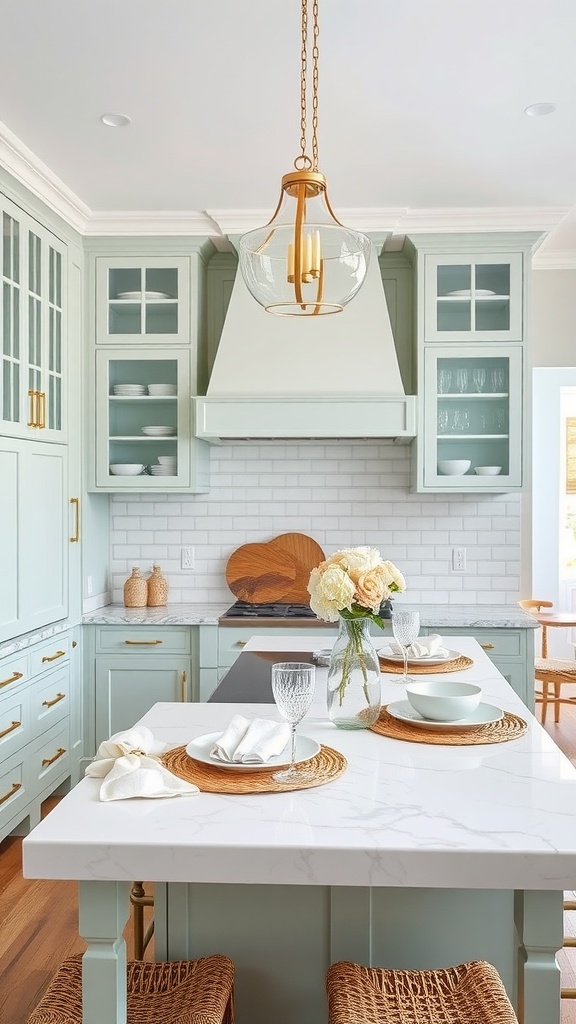 A coastal kitchen featuring marble countertops, light blue cabinetry, and a modern light fixture.