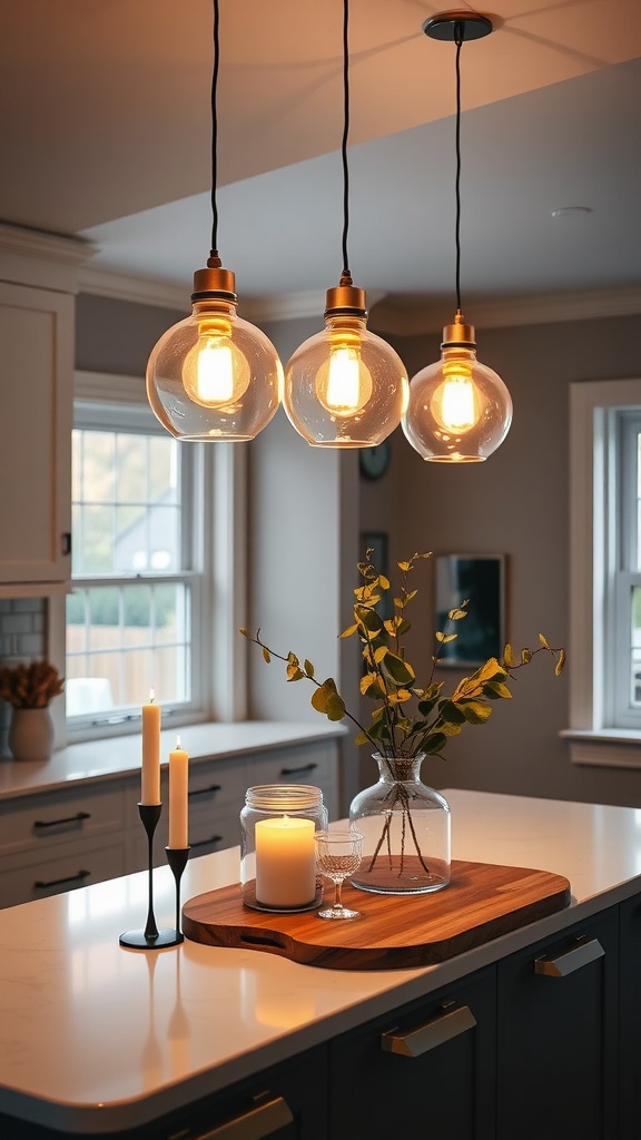 Stylish pendant lights above a kitchen island with candles and greenery.