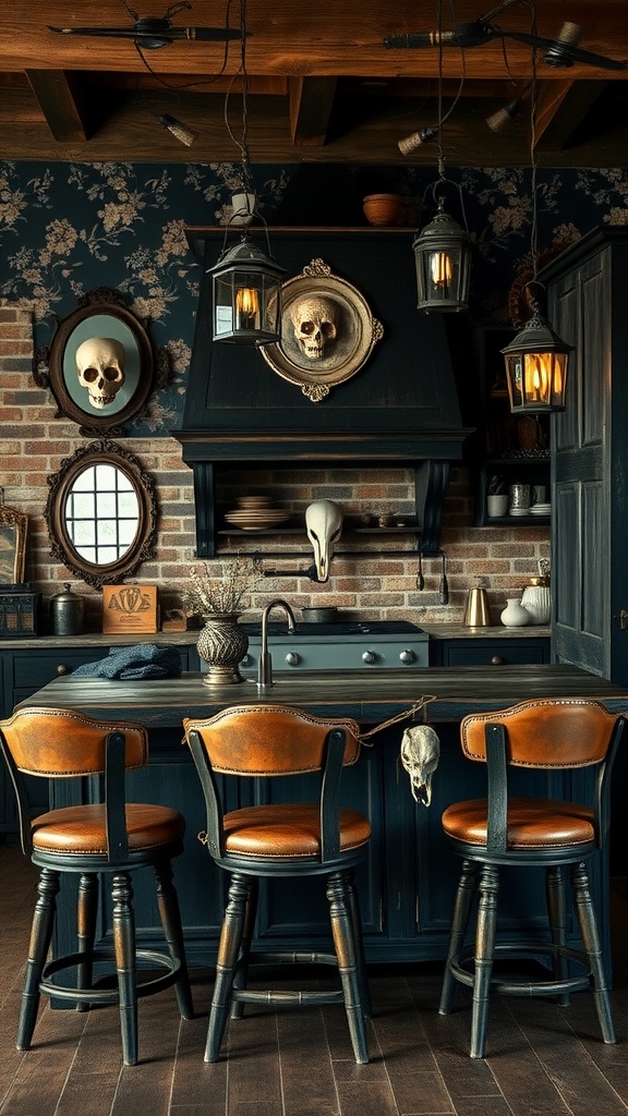 A moody Western Gothic kitchen featuring distressed finishes, dark cabinetry, floral wallpaper, and unique decorative elements.