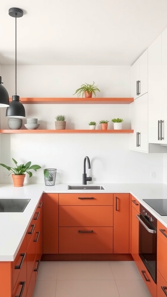 A modern kitchen with terracotta cabinets, white walls, open shelves with plants, and black fixtures.