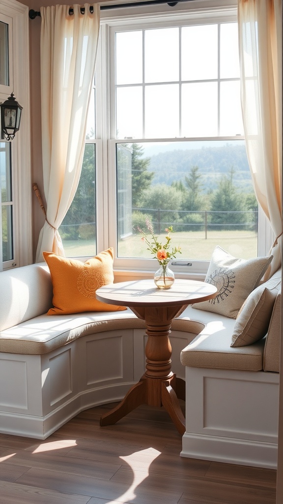 Cozy bay window breakfast nook with cushions and a round table, overlooking a scenic view.