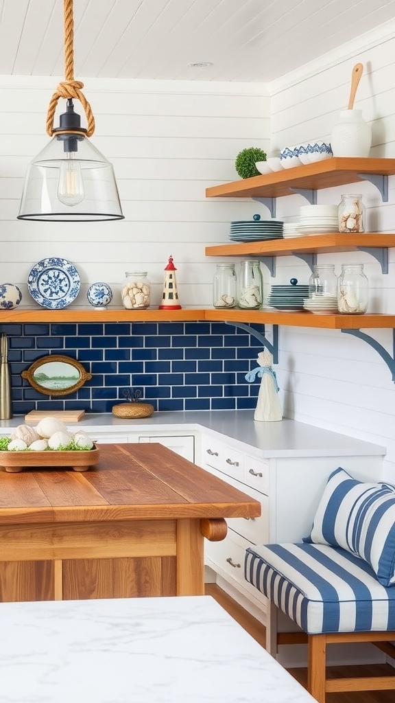 Coastal kitchen with open shelving, nautical decor, blue backsplash, wooden table, and striped seating