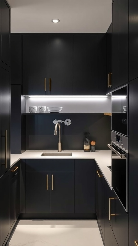 Modern butler's pantry featuring sleek black cabinets with gold hardware and under-cabinet lighting