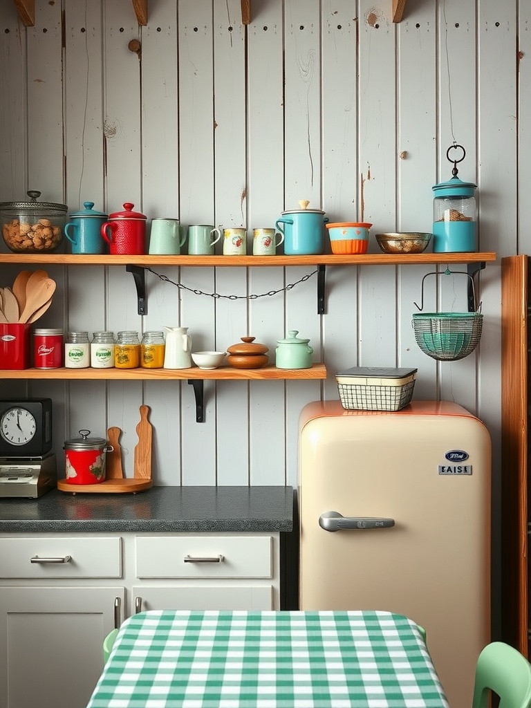 Rustic kitchen with open shelves filled with colorful vintage cookware and a retro fridge.