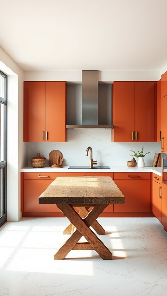 A modern kitchen with terracotta cabinets and a wooden island