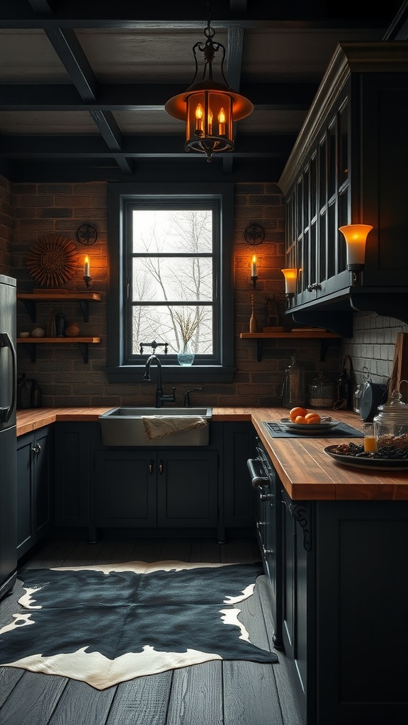 A Western Gothic kitchen featuring rustic black cabinets, wooden countertops, and vintage lantern-style lighting.