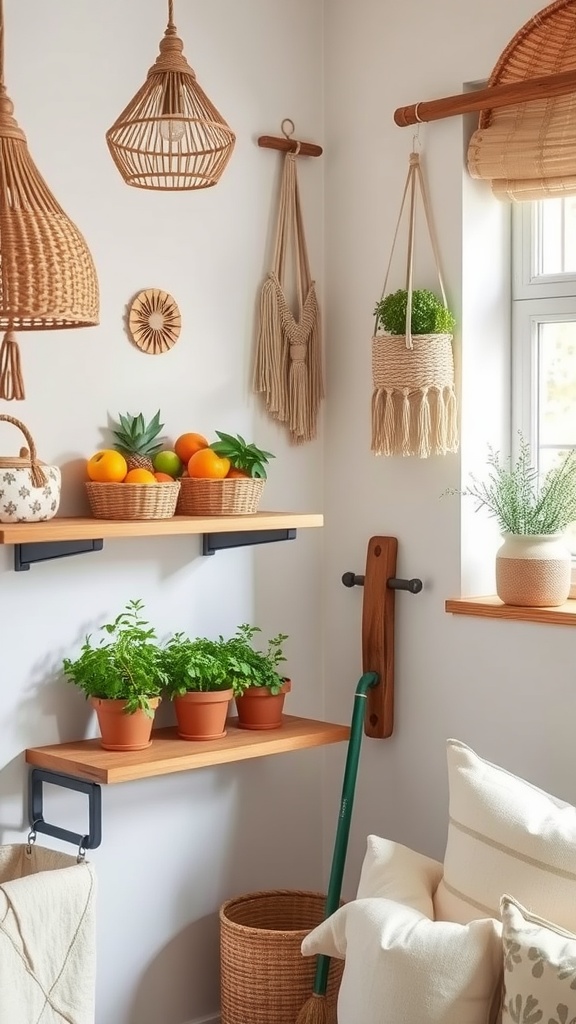 A stylish kitchen with boho-inspired decor featuring woven light fixtures, potted herbs, and colorful fruits.