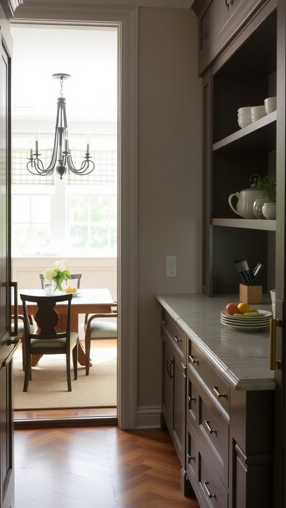 Butler's pantry with a pass-through to the dining room, featuring a marble countertop and bright lighting.