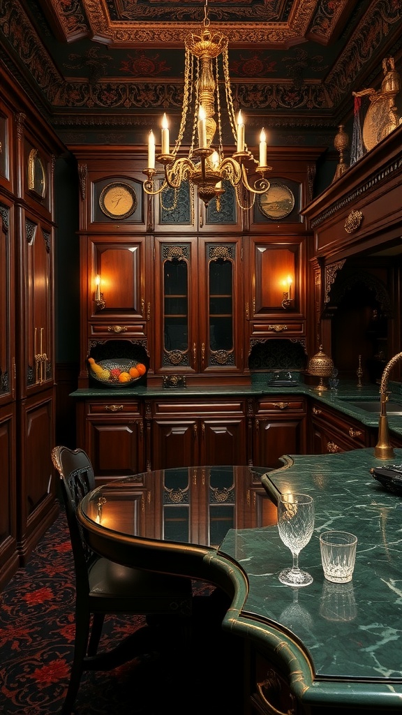 A dark Victorian kitchen featuring ornate cabinetry, a grand chandelier, a green marble countertop, and patterned flooring.