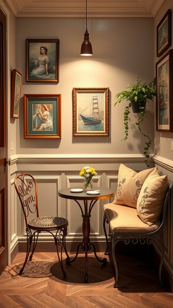 A cozy European-inspired kitchen nook featuring a small round table, decorative chairs, and art on the walls.