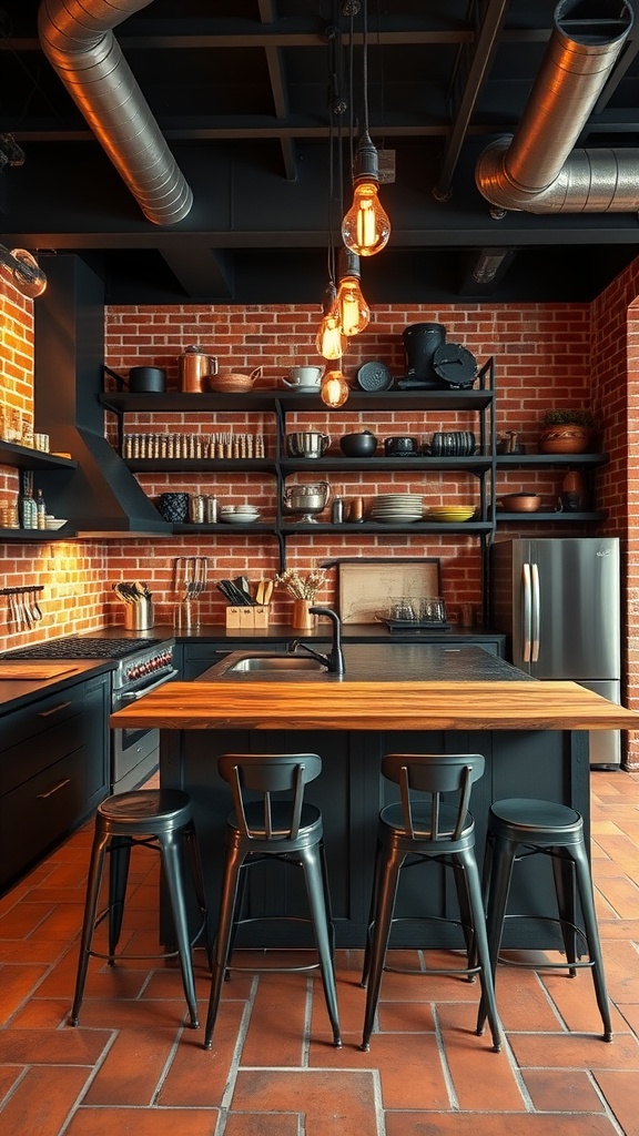 An industrial kitchen featuring terracotta flooring, exposed brick walls, wooden countertops, metal accents, and unique light fixtures.