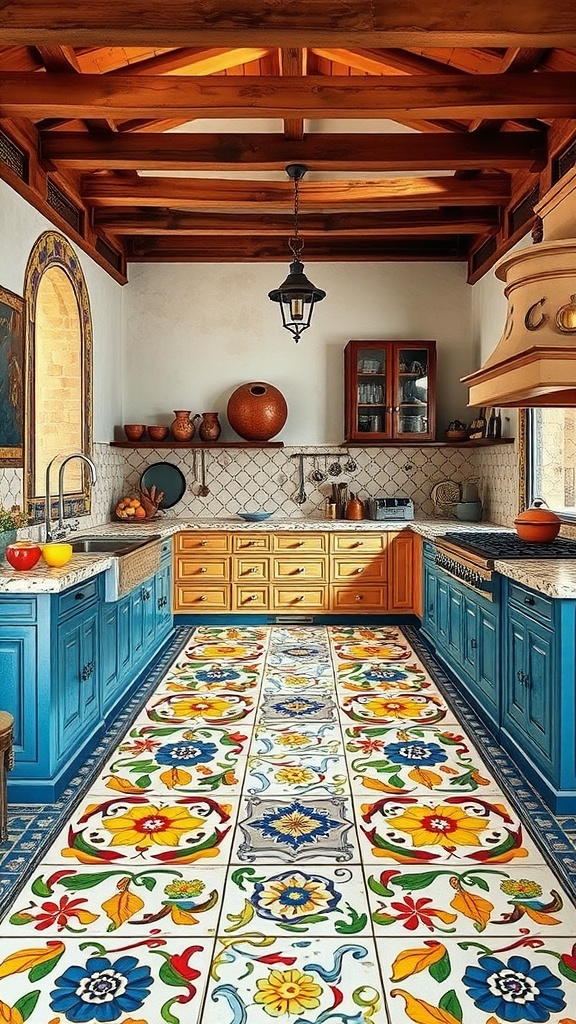 Mediterranean-inspired kitchen featuring hand-painted tiles on the floor, blue cabinetry, wooden beams, and a cozy atmosphere.