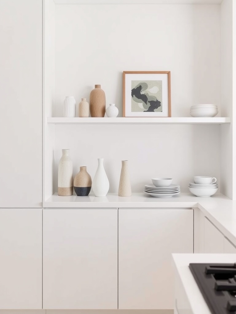 Minimalist kitchen shelving displaying vases and plates against a white backdrop.